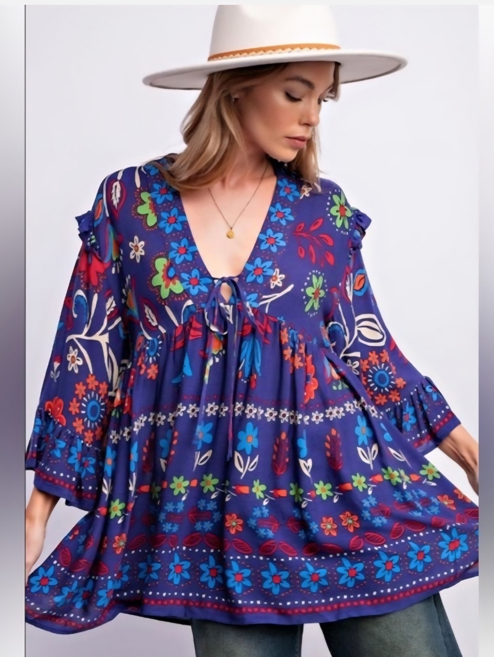 Easel Blueberry Boho Floral Tie-Front V-Neck Peasant Top - Navy Med